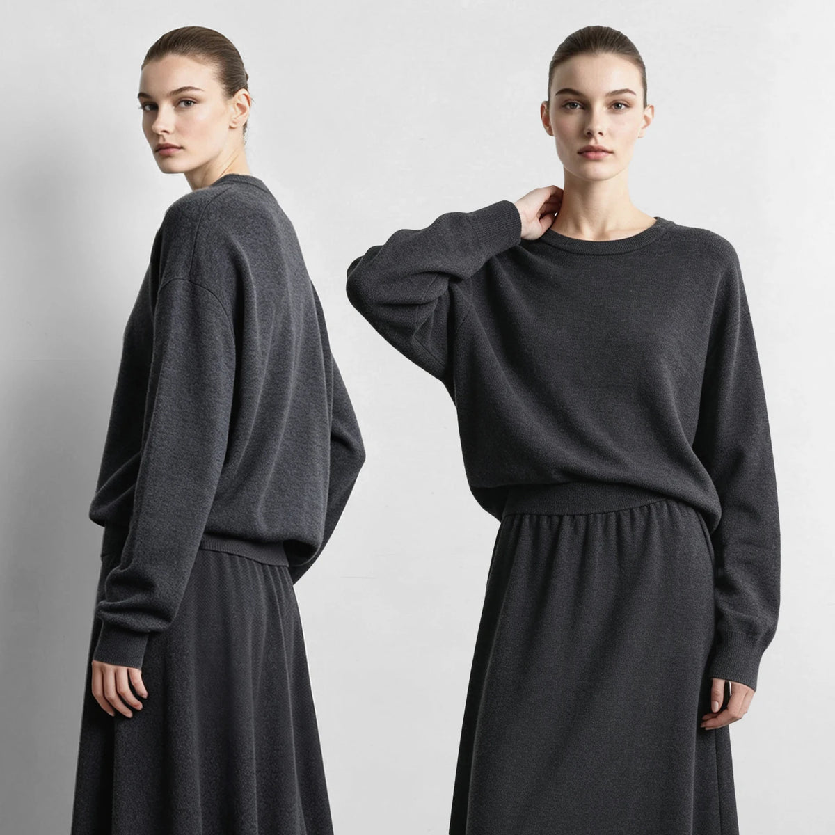 Women's Wool O-Neck Sweater - Minimalist Drop Shoulder Knit Top
