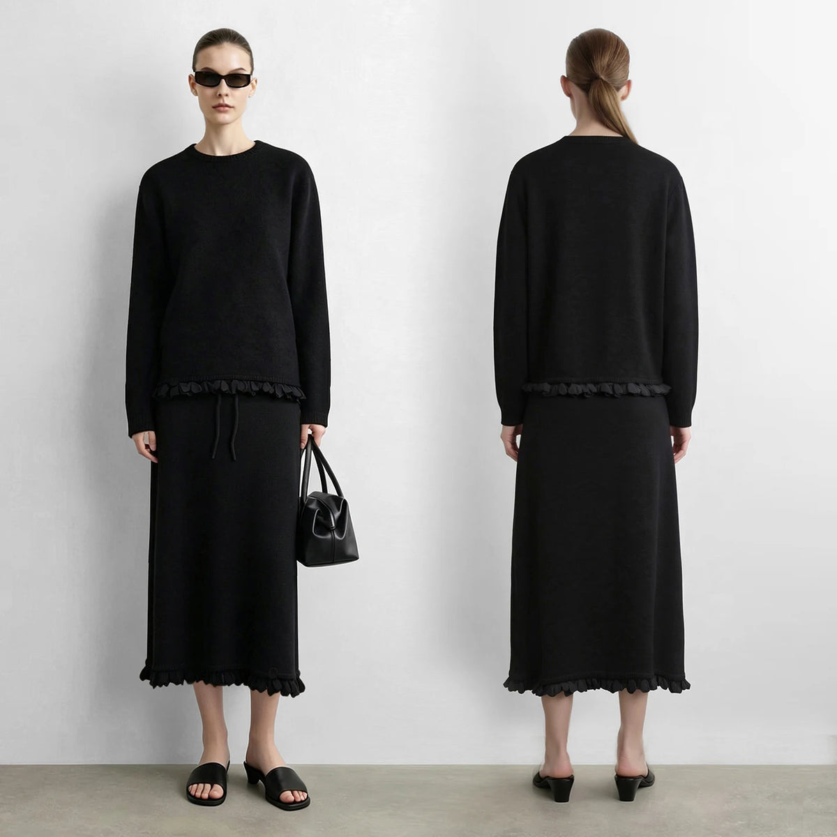 Women's O-Neck Sweater & Ruffle A-Line Midi Skirt Set
