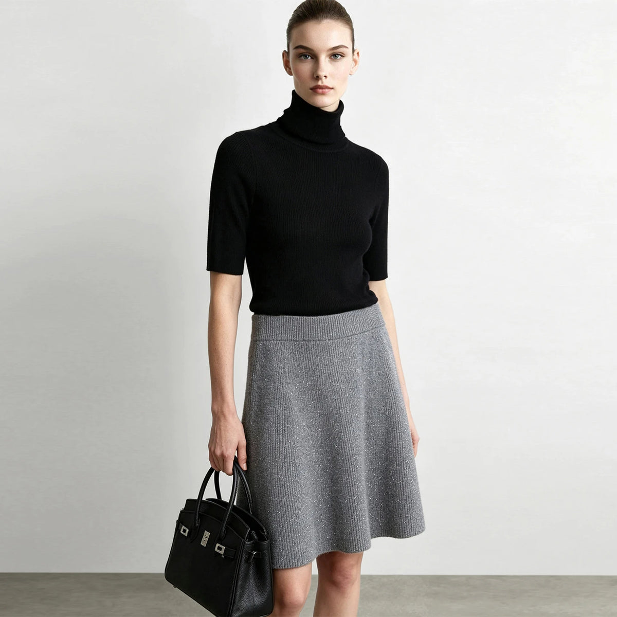 Women's Merino Wool Turtleneck - Slim Half Sleeve Minimalist Knit