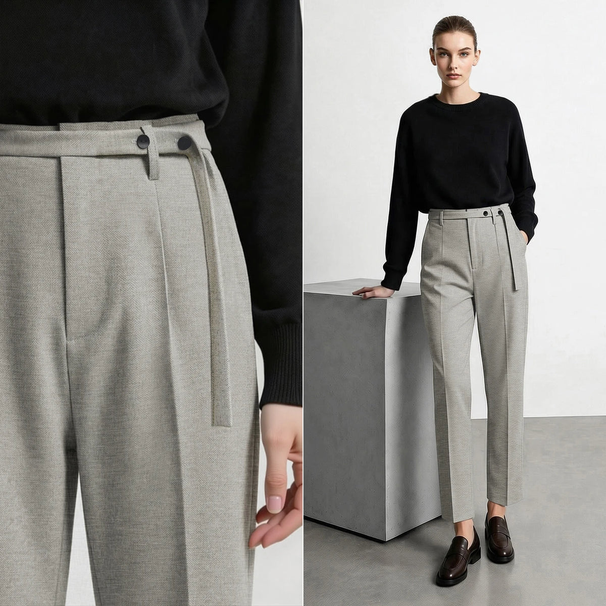 Women's Winter Tapered Pants Ankle Length Office Trousers with Belt