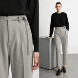 Women's Winter Tapered Pants Ankle Length Office Trousers with Belt