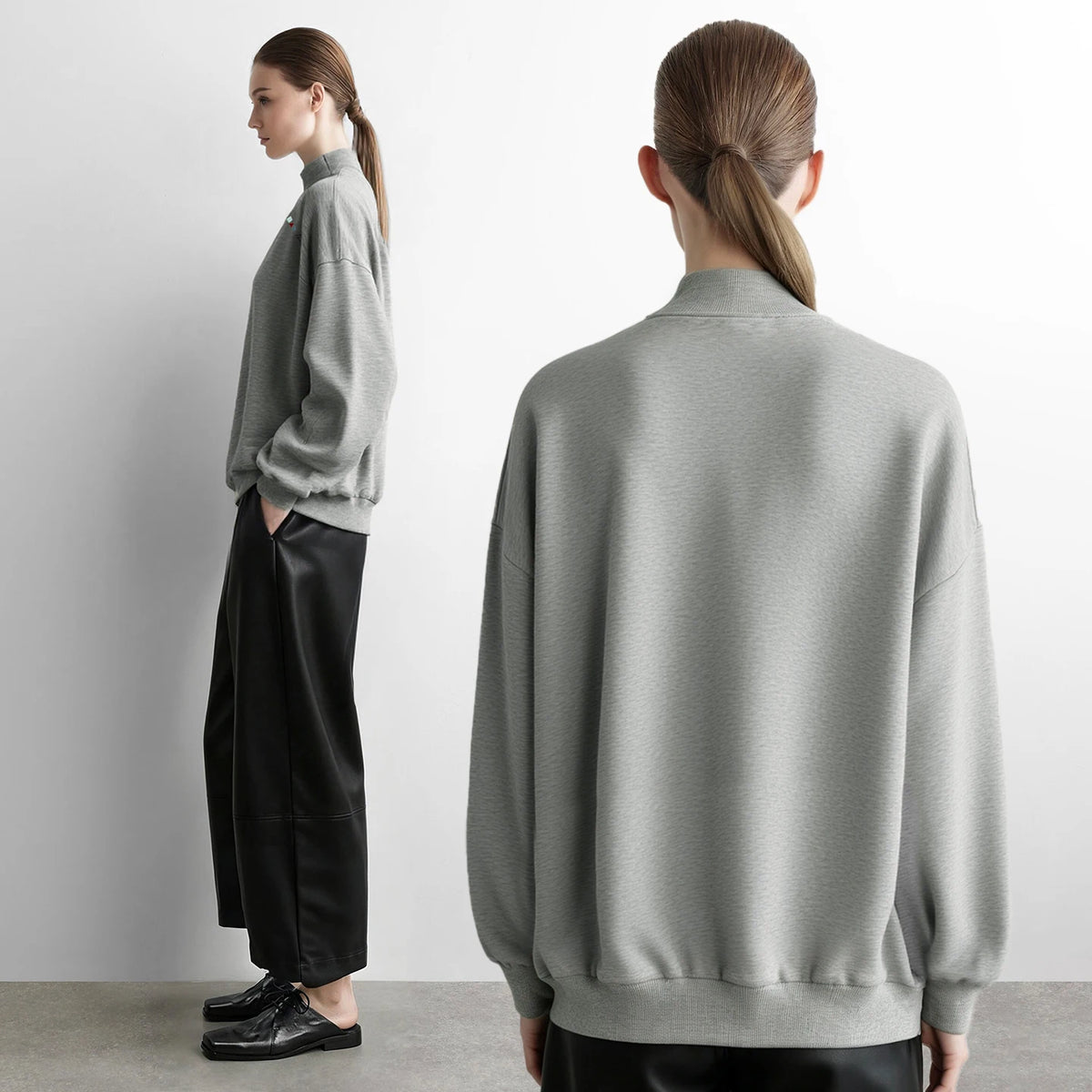 Women's Mock Neck Oversized Sweatshirt - Autumn Embroidery Pullover