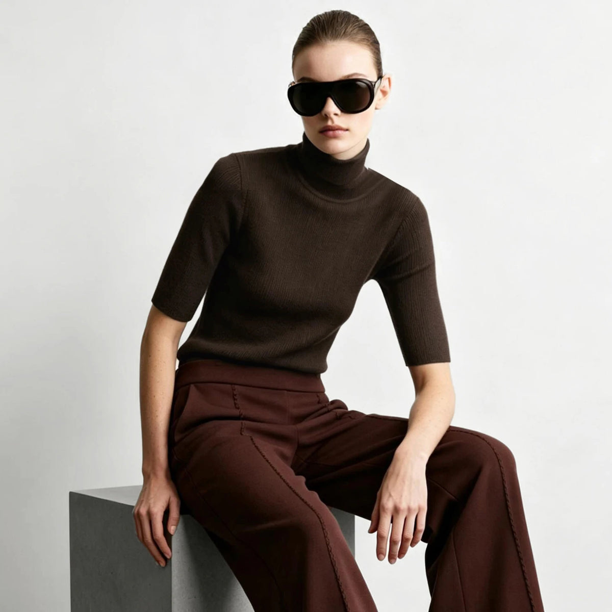 Women's Merino Wool Turtleneck - Slim Half Sleeve Minimalist Knit