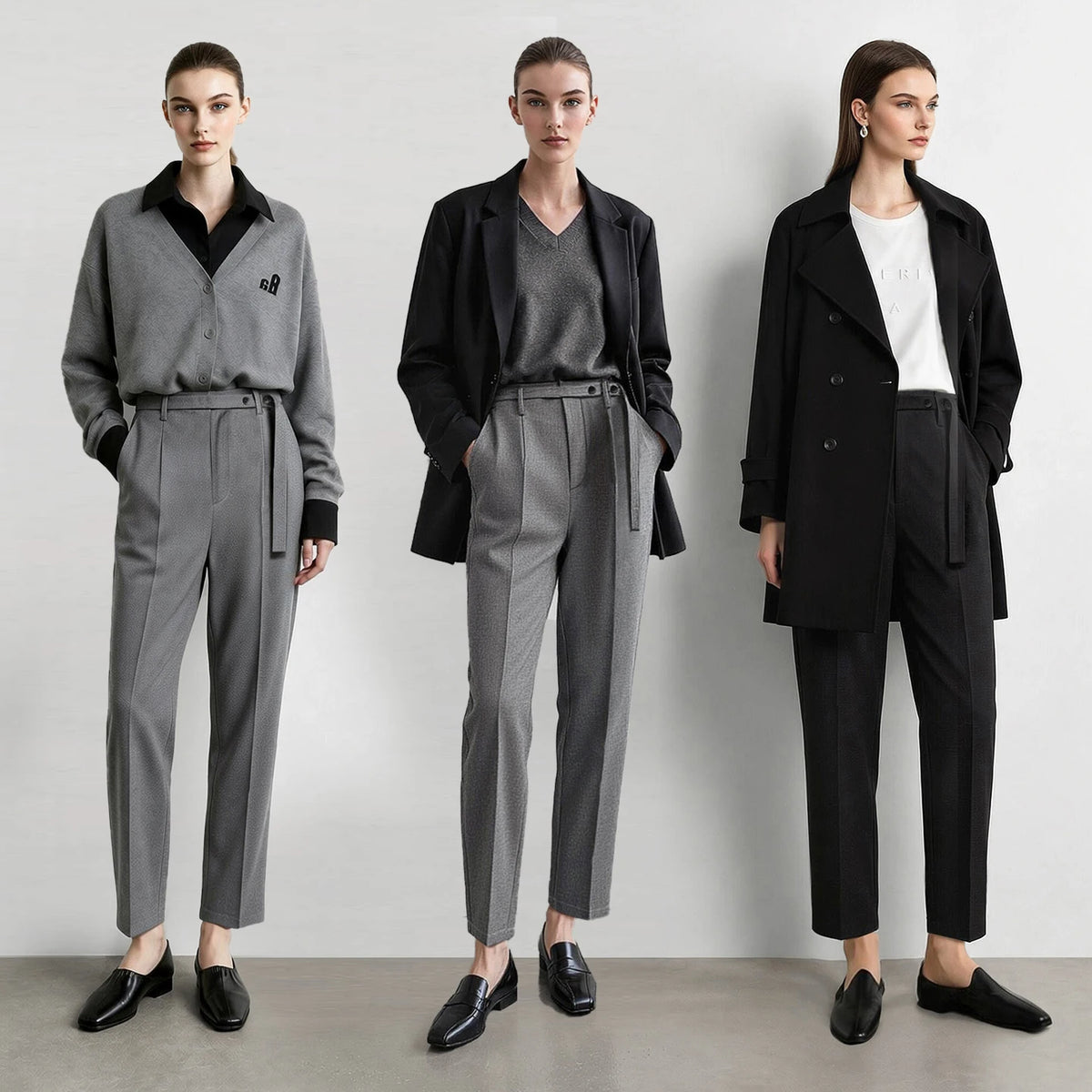 Women's Winter Tapered Pants Ankle Length Office Trousers with Belt