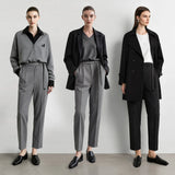 Women's Winter Tapered Pants Ankle Length Office Trousers with Belt
