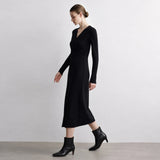 Women's V-Neck Knit Maxi Dress | Elegant A-Line Long Sleeve Sweater