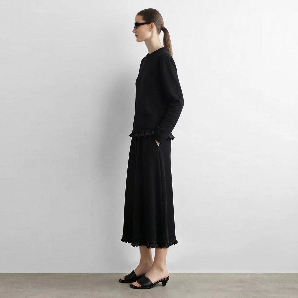 Women's A-Line Long Skirt - Minimalist Ruffle Hem Commuter Style