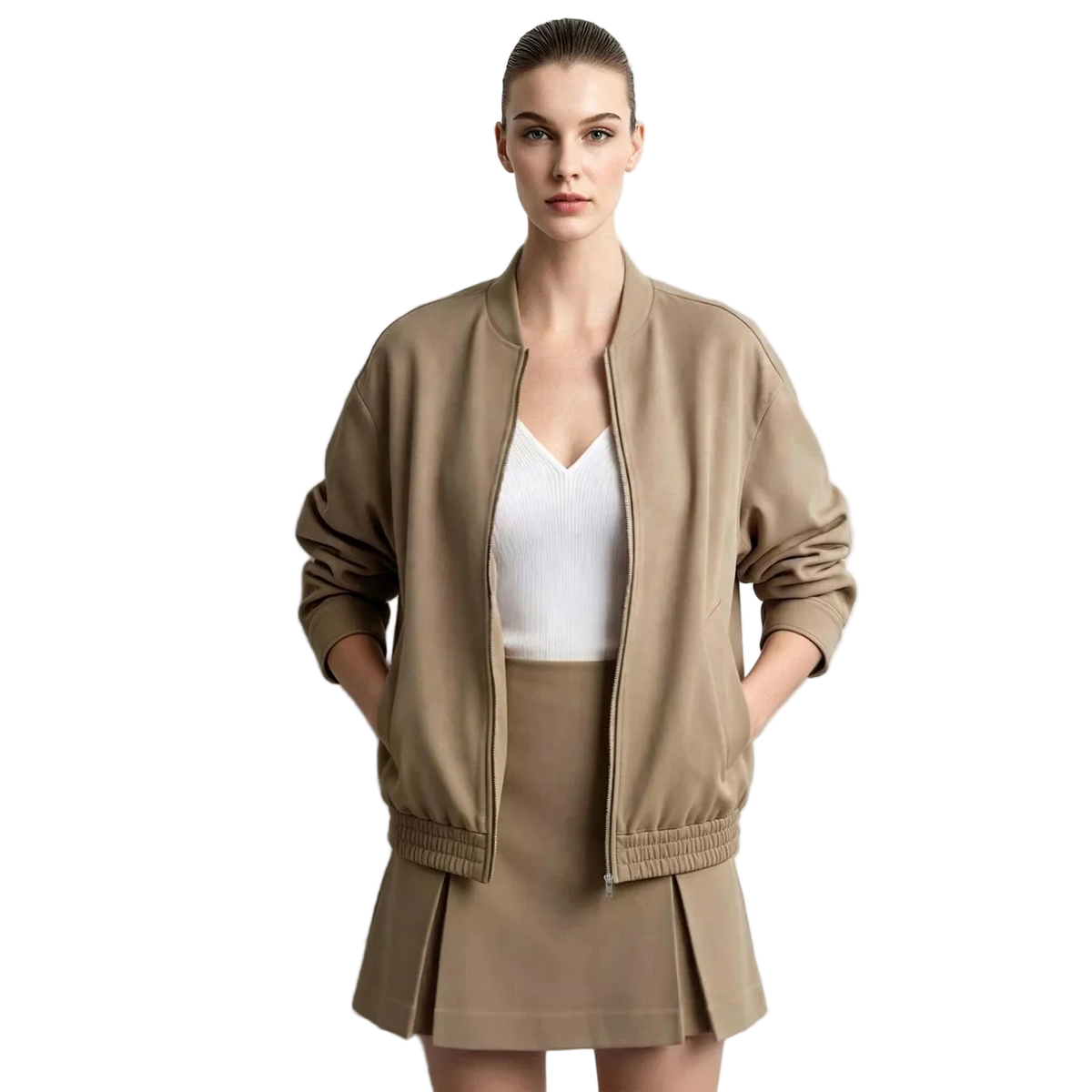 A model wearing a taupe brown bomber jacket, matching pleated mini skirt, and a white top, standing against a light gray background with the AMII logo in the top left corner.