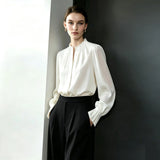 Satin Stand Collar Blouse - Oversized Flared Sleeve Minimalist Shirt