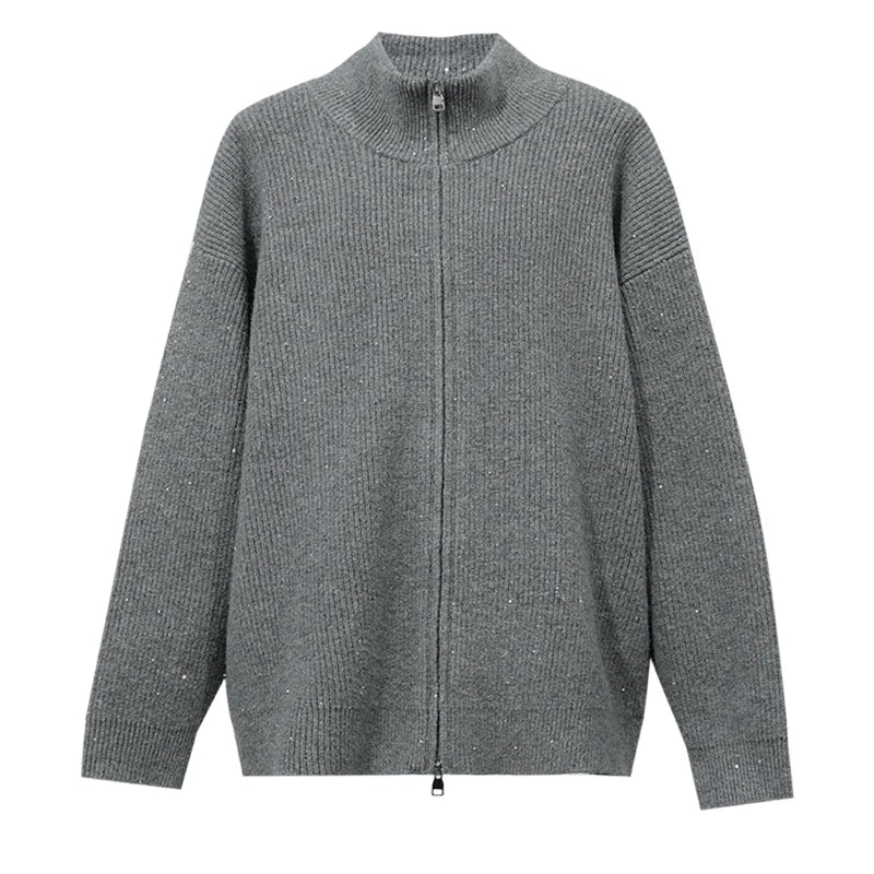 Sequin Sparkle Women's Stand Collar Jacket - Casual Commuter Coat